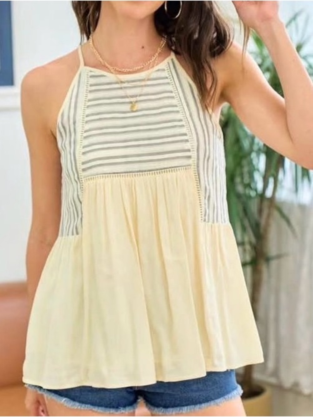 Sleeveless Cream Striped Panel  Top